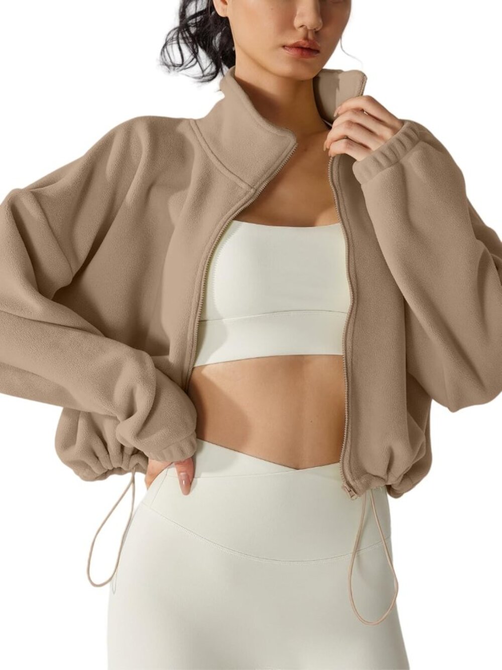 Women Camel Oversized Drop Shoulders Full-zip Long Sleeve Cropped Fleece Jacket